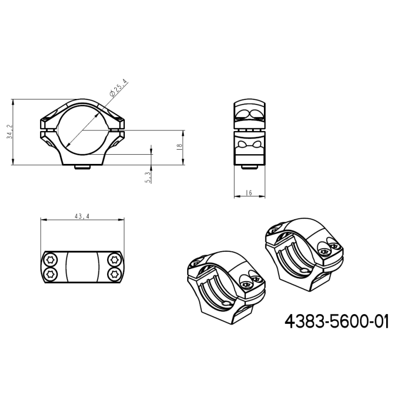 1 inch montageringen [25,4mm] | tweedelige Picatinny QD Ergo-basis 